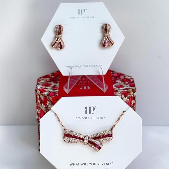 Bomb Party July 2025 The Bow Necklace & Earring Set Rose Gold Lab Created Ruby